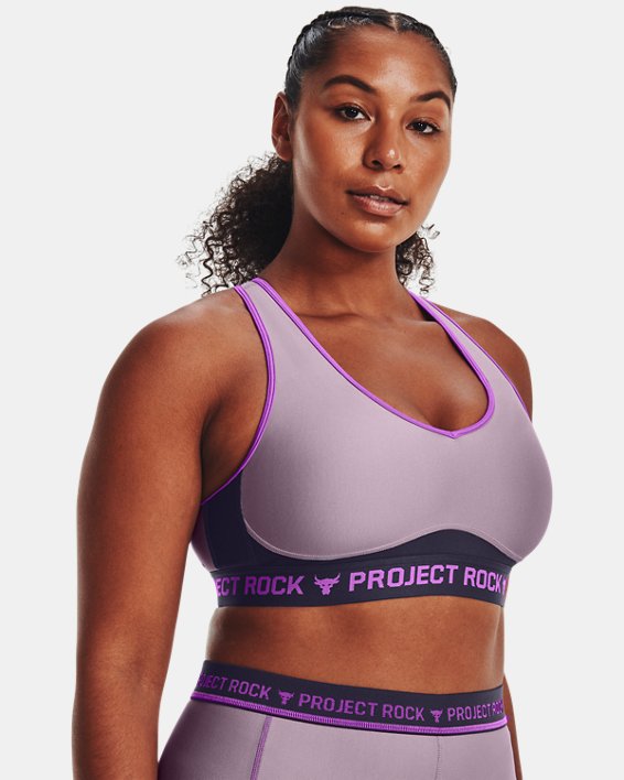 Women's Project Rock Crossback Disrupt Sports Bra, Purple, pdpMainDesktop image number 3